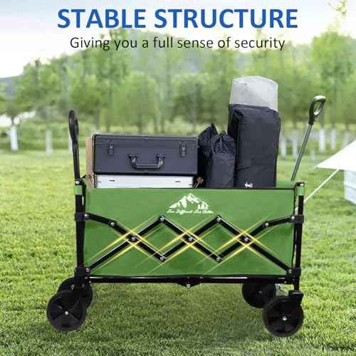 Collapsible Wagon Folding Utility Cart, Beach Wagon 352LBS Heavy-Duty with Adjustable Handles, 5" Quiet Swivel Wheels, Lightweight (11lbs) for Groceries, Camping, Moving, Green