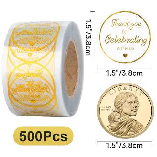 Anwyll 500Pcs Thank You Stickers - 1.5Inch Gold Foil Thank You Stickers Thank You for Celebrating with Us Sticker Roll Self Adhesive Clear Wedding Thank You Favor Label Sticker for Envelope Seal Card