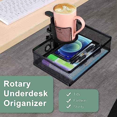 ROSYLINE 360¡Ærotation under desk drawer, Drawer Under Desk Storage Organizer, Rotary Desk Storage Organizer with Cup Holder, Clamp Drawer Basket, sturdy and durable (black)