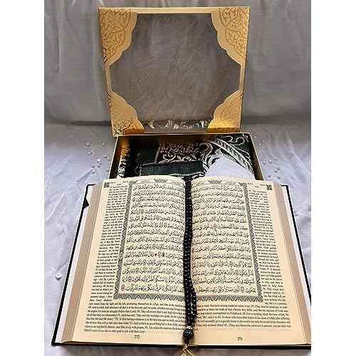 English Translate Thermo Leather Covered Quran, Tafta Prayer Mat, Pearl Breads, Man Takke and Luxury Gift Box 5 Pieces Set, Great Ramadan Gifts for Muslim Men and Women Gift (1 Sets, Black)