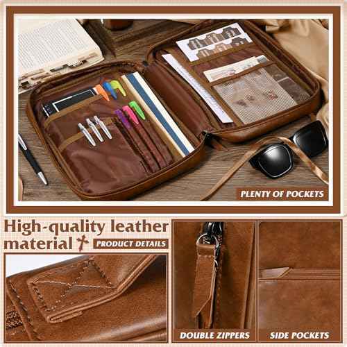 Leather Bible Cover for Men Large Bible Carrying Case with Handle Pockets Bible Book Cover with Highlighters Tabs For Church Prayer Meetings Study Supplies Accessories