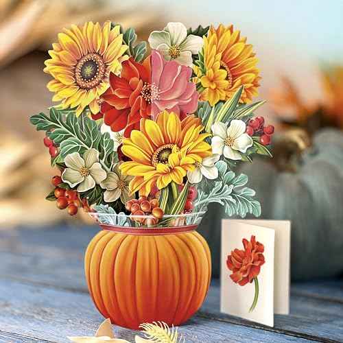 Freshcut Paper Pop Up Cards, Pumpkin Harvest, 12 Inch Life Sized Forever Flower Bouquet 3D Popup Greeting Card, Autumn Cards, Birthday Card, Blank Notecard & Envelope