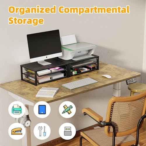 2 Pack Desk Organizer and Accessories, 2-Tier Metal Computer Monitor Stand Riser with Drawer, Desk Accessories & Workspace Organizers for Home Office Supplies, Black