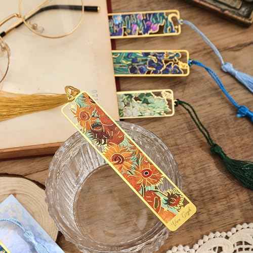 4 Pieces Metal Bookmarks with Tassel, Golden Hollow Bookmark Oil Painting Theme Book Mark Bookmarks for Book Lovers Writers Readers Children Teens Men Women Adults