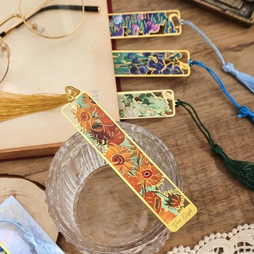 4 Pieces Golden Hollow Metal Bookmarks with Tassel - Oil Painting Theme, Flowers Variation for Book Lovers & Readers