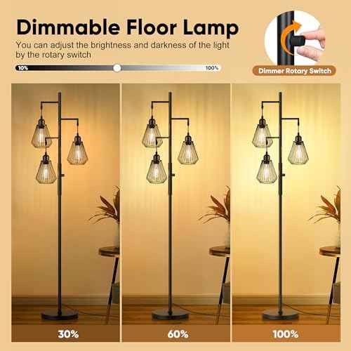 QiMH Industrial Floor Lamps for Living Room, Tree Standing Lamp with Stepless Dimmable, 68" Modern Tall Lamps for Bedroom Study Home Office, Rotary Switch, 3 LED Bulb Included, Black