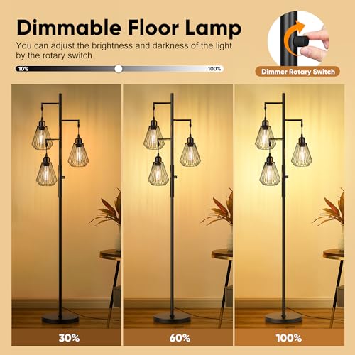 QiMH Industrial Floor Lamps for Living Room, Tree Standing Lamp with Stepless Dimmable, 68" Modern Tall Stand up Lamps for Bedroom Study Office, E26 Socket, 3 LED Bulb Included, Black