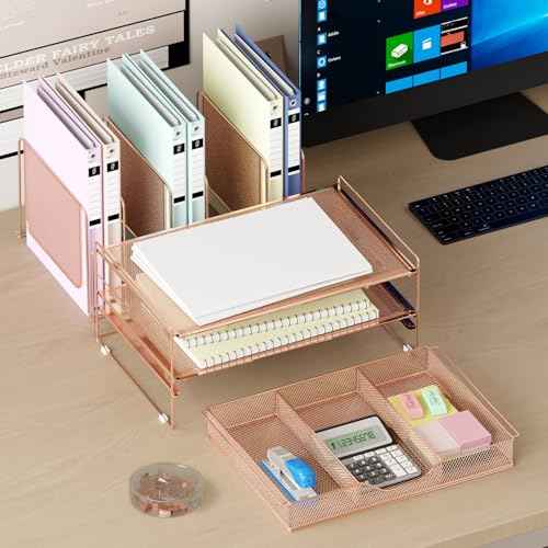 Rose Gold Desk Organizer, Office Organization with Vertical File Holder, File Organizer with Drawer and Office Supplies, Desk Accessories and Workspace Organizers (Rose Gold)