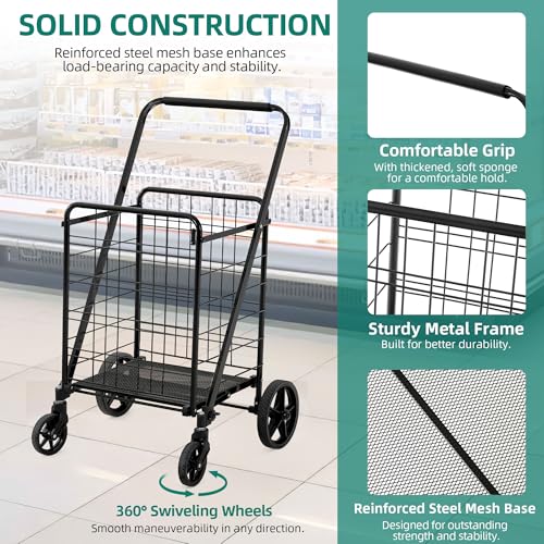 YITAHOME Folding Shopping Cart with Wheels, Large Rolling Grocery Cart, Reinforced Mesh Bottom, Foldable Utility Cart for Groceries, Laundry & Storage (Portable, Collapsible, Sturdy)