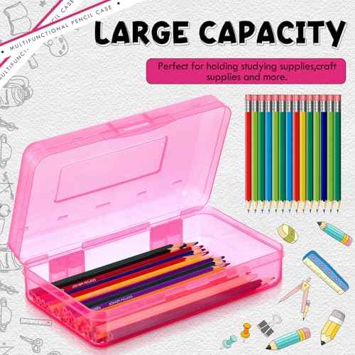 Patelai 30 Pcs Large Capacity Pencil Case Bulk Clear Hard Plastic Pencil Box Organizer with Snap Tight Lid Stackable Crayon Storage Box for Kids School Classroom Home Office 2 Style (Pink)