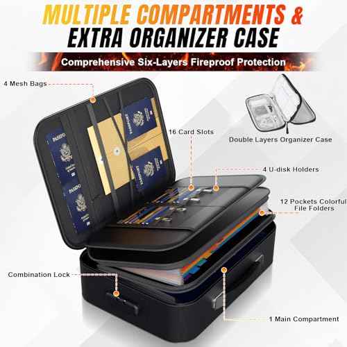 Fireproof Document Box with Lock, Hard Shell Fireproof File Organizer, Portable Water Resistant Safe Box for Important Documents Passports Certificates