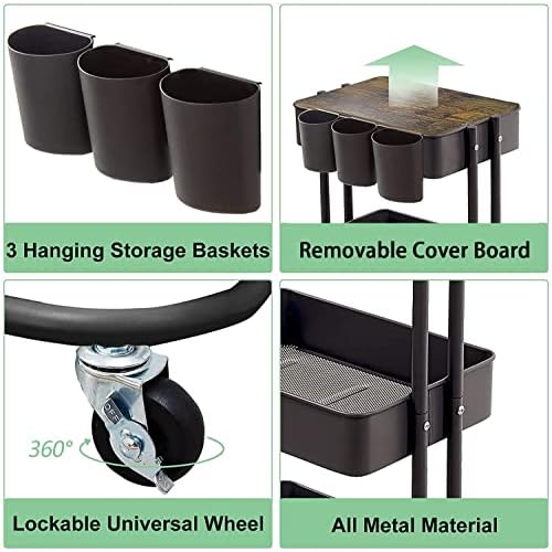 3-Tier Metal Utility Rolling Cart Storage Side End Table with Cover Board and Handle for Office Home Kitchen Organization, Black