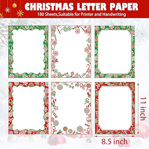 180 Sheets Christmas Stationery Paper Peppermints Candy Canes Stationery Paper Holiday Letter Sheet for Notes Xmas Greeting Cards Invitation Office School Printing, 8.5" x 11"
