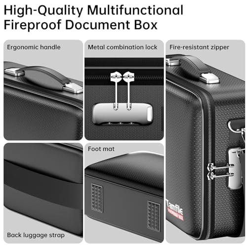 Tamfile Fireproof Document Box, Hard-Shell Design Case 5200¡ÆF Fireproof Water Safe File Box with Lock,8-Layer Fireproof Safe File Organizer for Important Documents¡¢Valuables¡¢Laptop¡¢Passports (Black)