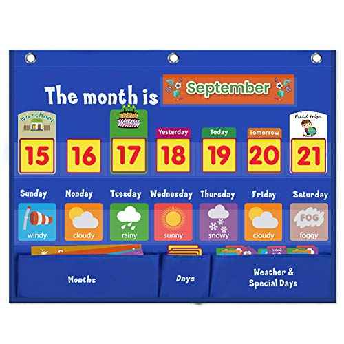 Weekly Calendar with Weather Pocket Chart Elementary for Classroom Home,98 Bright Cards Included,Learning Pocket Chart Calendar for Kids Toddlers