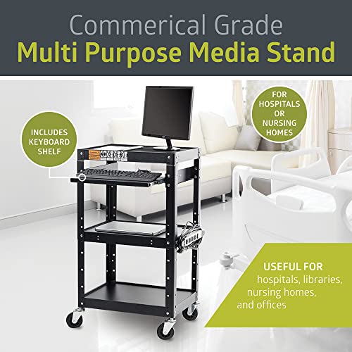 Pearington AV Presentation Cart Stand for Video Projector, TV, Laptop + 4-Outlet Power Strip (Variation: AV Cart) – Steel, 4 Shelves, 12ft Cord, Black