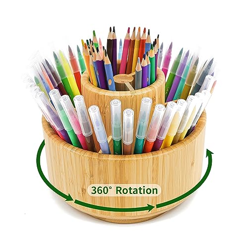 VaeFae Bamboo Pen Holder Organizer, 360¡Æ Rotating Art Supply Organizer, Desktop Storage for Marker Pens, Colored Pencil, Art Brushes, etc.