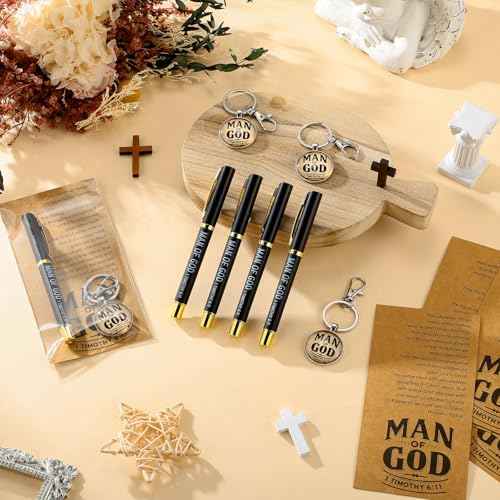 Man of God Gift for Men Christian Baptism Gifts Included Bible Verse Keychain Religious Ballpoint Pens with Cards Bags for Thanksgiving Day Christmas Church Pastors(30 Sets)