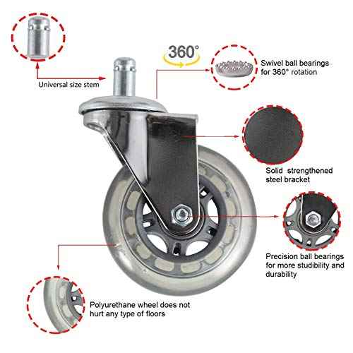 Kaleurrier Heavy Duty Caster Wheels,Premium Polyurethane Chair Wheels for Office Chairs,Rolling Stools,or Drafting Chairs,Universal Roller Skate Smooth Rolling Floor Protective Casters(Set of 5)
