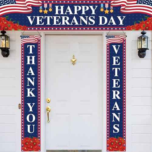 3 Pcs Veterans Day Porch Banners Thank You Banner 4th of July Patriotic Independence Day Backdrop Thank You Veterans Backdrop Blue Veteran's Fence Banner Decorations for Party