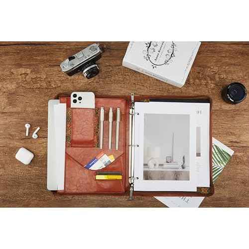 HYCLLLS Vegan Leather Portfolio, Brown leather Padfolio, 10x13.5 inch briefcase with 3 Ring Binder, Faux leather Portfolio fit for A4 Letter Size notepad, Leather padfolio for Men and Women