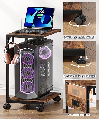 Akxomel Rustic Brown Computer Tower Stand with Charging Station — 11.8 x 16.5 x 23.2 in