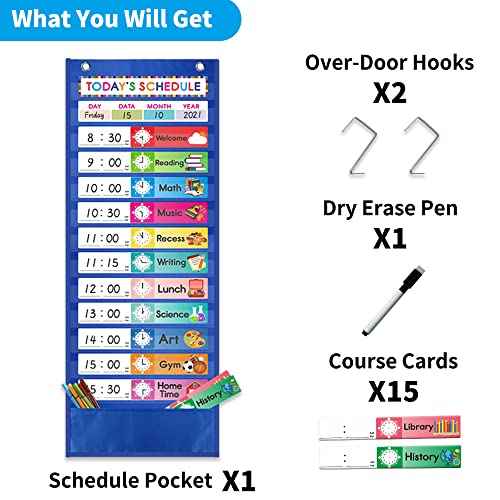 Daily Schedule Pocket Chart. Kids Chart with 15 Dry-Eraser Cards. 13+1 Pockets. for Classroom & Home (Blue)