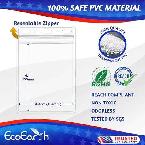 EcoEarth 4x6 Inch Plastic Card Holder and Lanyard Set with Soft Edge (XXL, Clear Zippered Pouch, 100 PK), Passport Holder and Lanyard Set, Extra Large ID Name Badge with Black Lanyards