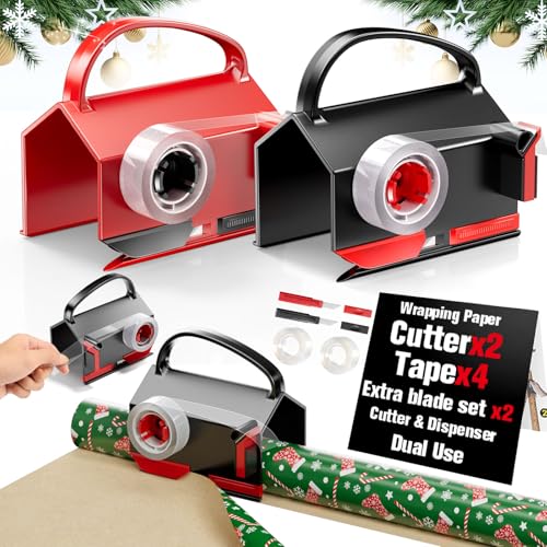 Dual Use Wrapping Paper Cutter & Tape Dispenser Kit - Safe, Easy Gift Wrap Tool with Blades & Tapes