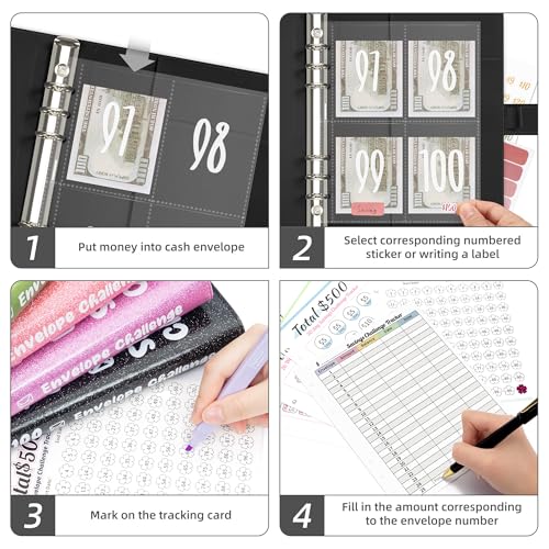 Ospelelf Glitter Black 9x7 Inch Money Saving Challenge Budget Binder with Cash Envelopes