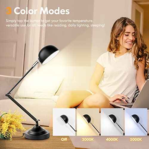 Touch Control LED Desk Lamp with USB Charging Port, Architect Black Metal Lamp with Adjustable Swing Arm, Dimmable Modern Table Lamp for Home Office Reading Study, 3000K/4000K/5000K 3 Color Modes