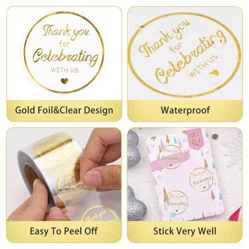 Anwyll 500Pcs Thank You Stickers - 1.5Inch Gold Foil Thank You Stickers Thank You for Celebrating with Us Sticker Roll Self Adhesive Clear Wedding Thank You Favor Label Sticker for Envelope Seal Card