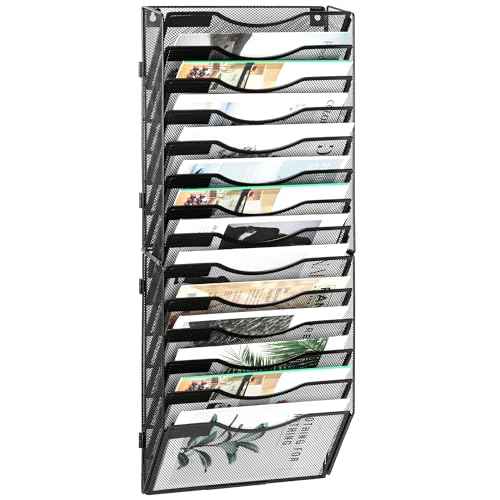 EasyPAG Wall File Organizer for Office 14 Pocket Mesh Wall Mounted Paper Organizer Hanging Folder Holder with Nametag Label for Home School, Black