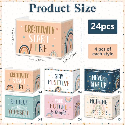 ClassyWhimsy Motivational Words 24-Pack Desk Privacy Shields for Students – Rainbow Boho Folders & Dividers