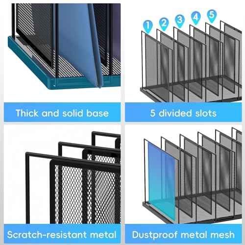 File Organizer for Desk, 5-Section Vertical File Sorter, Paper Holder Organizer Standing Metal File Folder for Office Home Classroom, Black