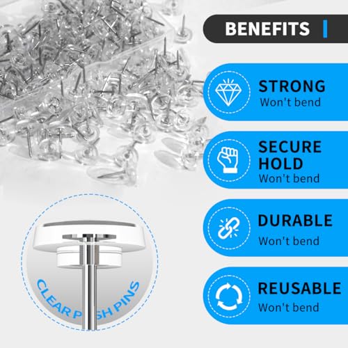 OIAOIW 150 Clear Thumb Tacks - Invisible Wall Push Pins for Bulletin Boards & Hanging