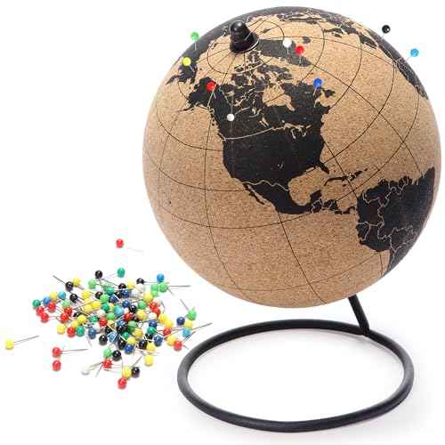 Globe Trekkers - Mini Cork Globe with 50 Different Colored Push Pins & Durable Stainless Steel Base | Great for Mapping Travels & Educational Purposes | Does Not Have Plastic Strip Like Most