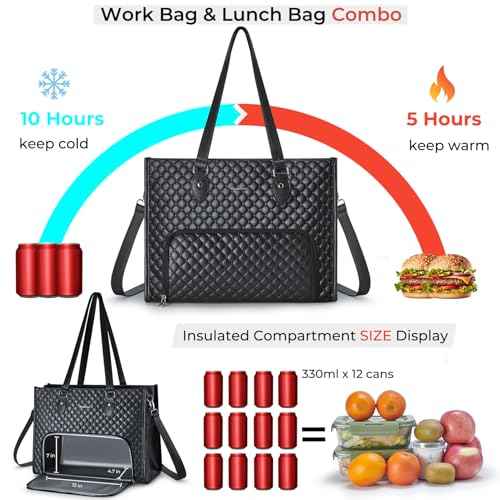 Laptop Tote Bag with Insulated Lunch Compartment for Women, PU Leather 15.6 Inch Work Bag, Elegant Computer Handbag, Versatile Business Tote for Office,Travel or Casual-Classic Black