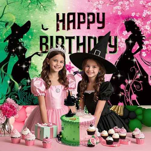 Pink and Green Birthday Backdrop Party Decorations, Witch Themed Happy Birthday Backdrop Banner Photo Booth for Princess Girls Women Castle Party Supplies Decorations