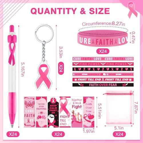 120 Pcs Breast Cancer Awareness Gift Set Include Breast Cancer Pens Pink Ribbon Silicone Bracelets Wristbands Bookmark Keychain Pink Organza Bag for Office Public Charity Events Supplies