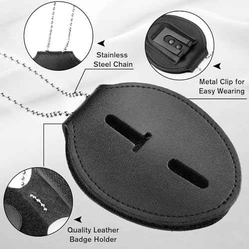 BESARME Police Badge Holder Belt Clip Cowhide Leather Badge Holders Universal Law Enforcement Security Badge Holder with Stainless Bead Chain