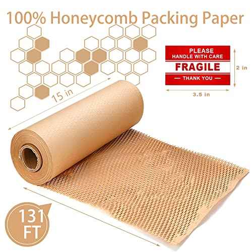 onesimcr Honeycomb Packing Paper Wrap 15"x131' Sustainable Alternative to Bubble Wrap for Moving/shipping/packing Roll with 20 Fragile Sticker Biodegradable & Fully Recylable¡¦