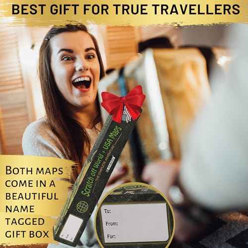 OVANTO Scratch Off World Map + USA Map ? 17x24¡± Wall Travel Posters with 196 Flags, Gold Foil, Pins & Accessories ? Premium Gift Box for Travelers, Couples, Home or Office Decor