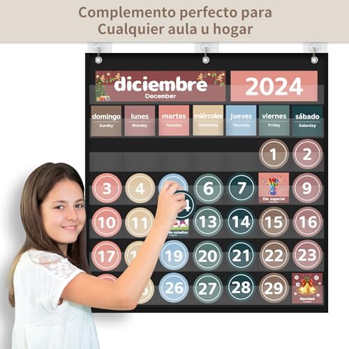 Boczif Monthly Classroom Calendar Pocket Chart Spanish Black for Education