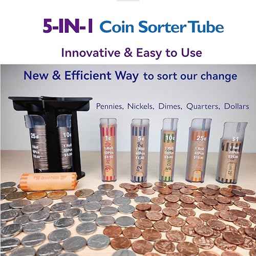 Coin Sorter Tube Coin Counter with Coin Wrappers, 5-in-1 Change Sorter Change Counter Machine, Coin Organizer & Coin Holder Coin Roller, Use with Coin Bank Coin Jar, Sort Quickly & Accurate