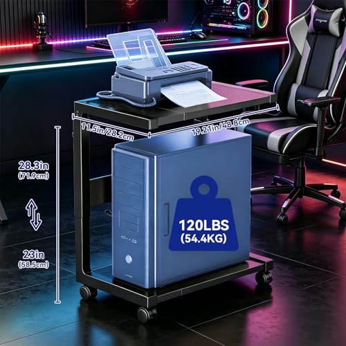 Adjustable Computer Tower Stand 23-28 in Height • Rolling Desk CPU Holder with 4 Hooks