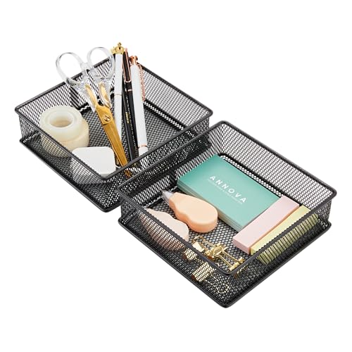 Annova 6x6x2 Inch Mesh Stackable Drawer Organizer Bins Set of 2 Black