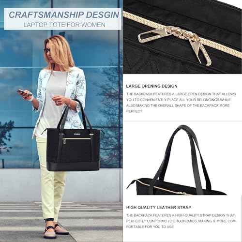 VANKEAN Laptop Bag for Women, 15.6 Inch Work Bag Waterproof Computer Shoulder Bag with USB Port, Large Tote Bag for Work Business Travel, Quilted Black