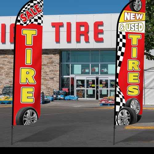 2 Pack 12 Feet Tire Sale King Flags New and Use Tires Shop Feather Flags for Businesses Highly Visible Weatherproof Polyester Banner Sale Advertising Sign No Flagpole Include(Fashionable)