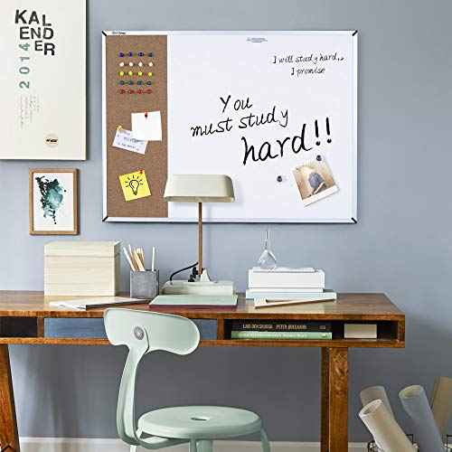 White Board & Cork Bulletin Board, 24" X 18", Combination Dry Erase Board & Cork Board, Vision Board for Home, Office, School - Includes 6 Magnetic Markers, 1 Eraser, 2 Strong Magnets and 10 Pins.¡¦